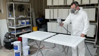 Professional painters applying smooth cabinet finish in Vancouver WA kitchen with spray technique