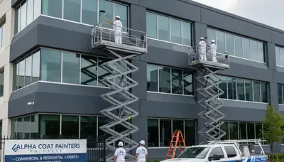 Professional commercial painters working on business exterior in Vancouver, WA