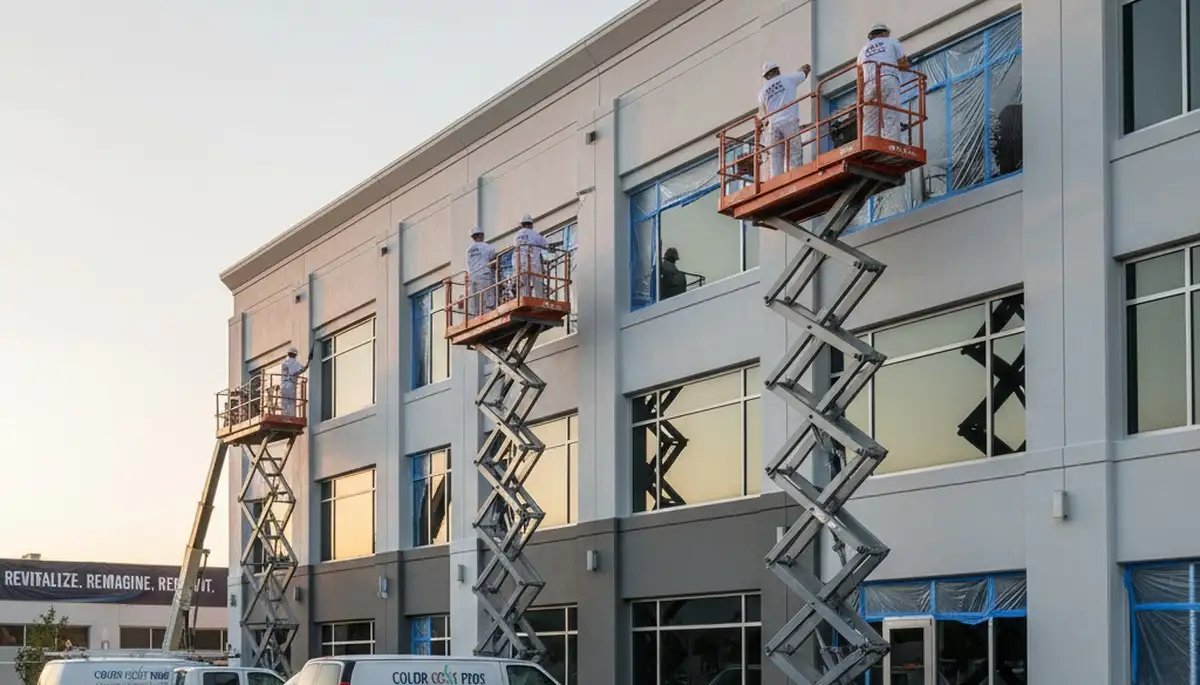 Professional commercial painters working on an office exterior in Vancouver, WA