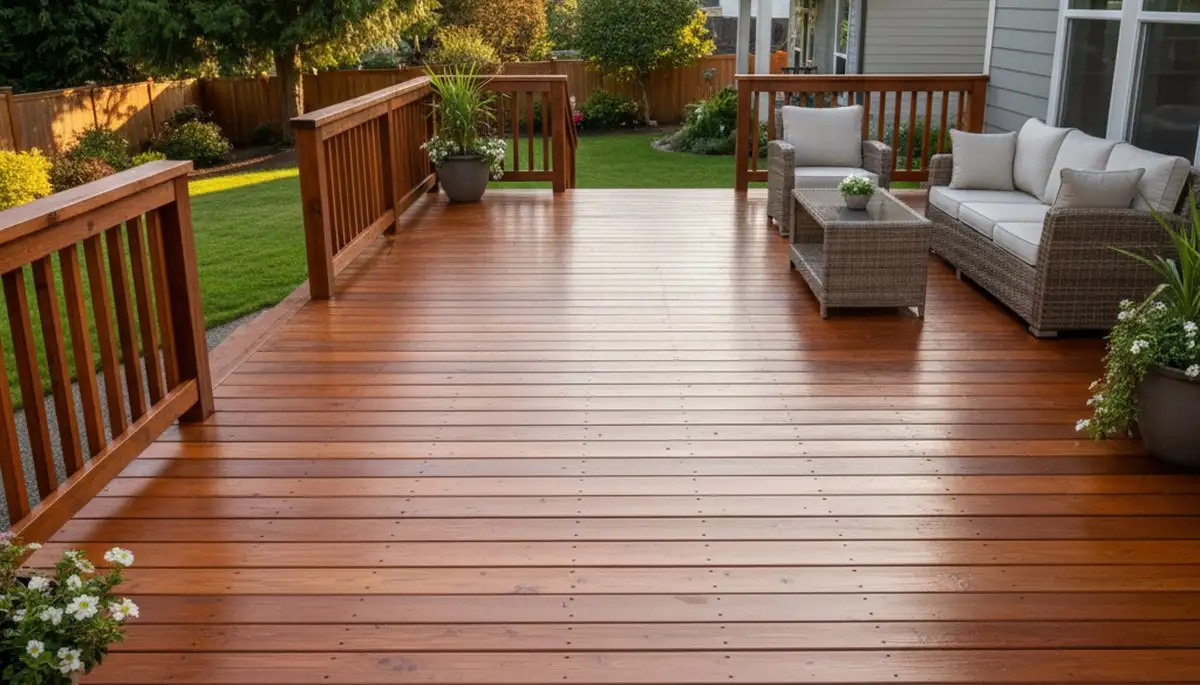 Finished wood deck staining by professional painters in Vancouver, WA showcasing durable weather protection