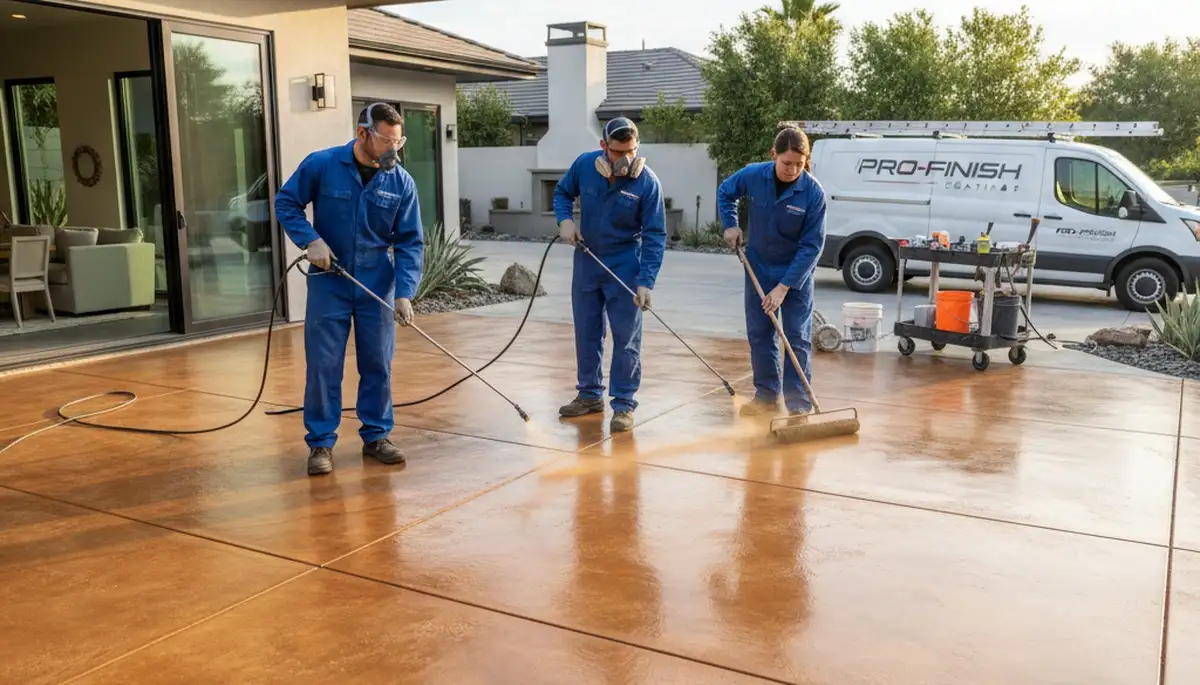 Professional concrete staining on residential patio in Vancouver, WA by expert house painters