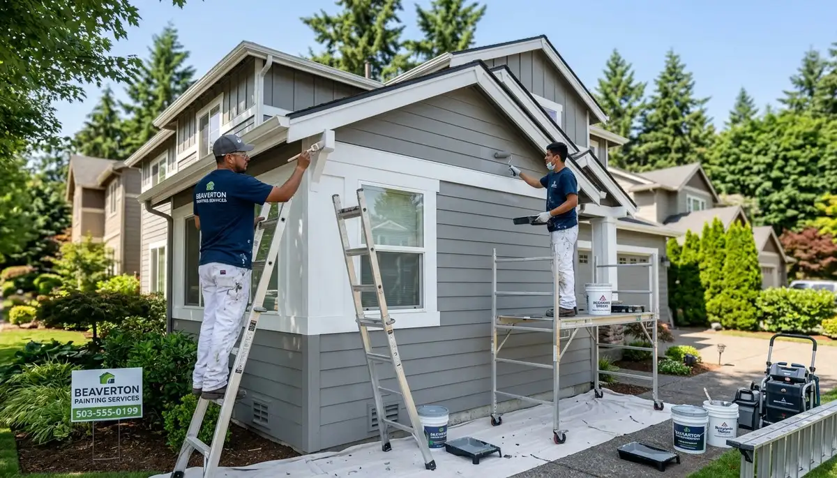 Professional house painters working on residential exterior in Vancouver, WA