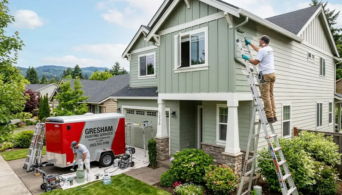 Professional house painters working on exterior home in Vancouver WA