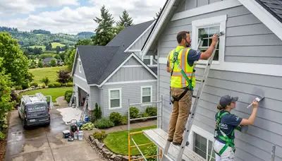 Professional house painters working on exterior home in Vancouver, WA
