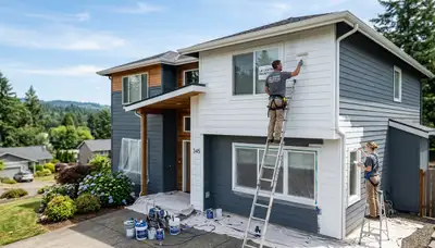 Professional house painters working on exterior home repaint in Vancouver WA