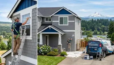 Professional house painters working on exterior home in Vancouver WA