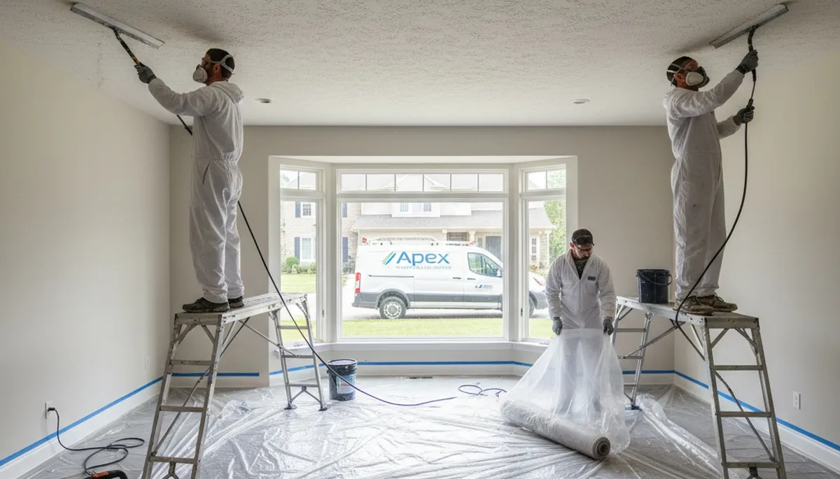 Technician removing popcorn ceiling in Vancouver, WA home for smooth, modern finish