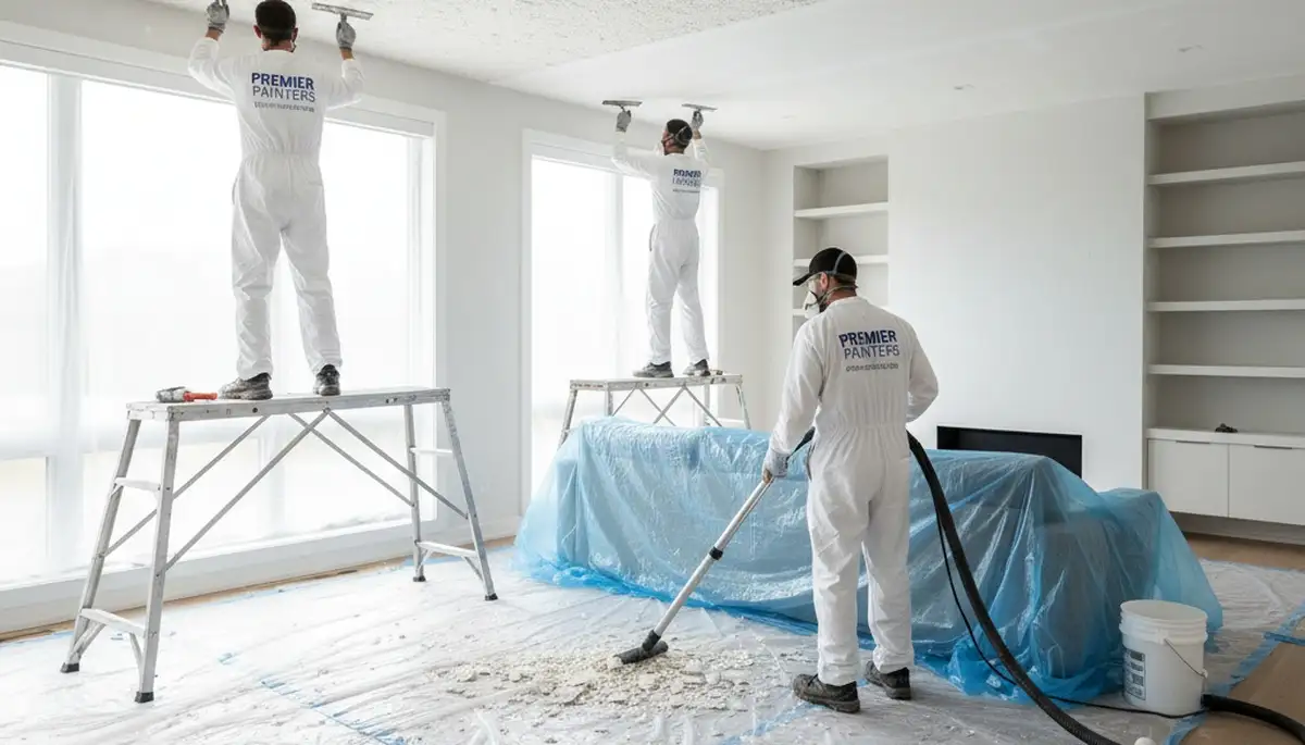 Technicians removing popcorn ceiling in Vancouver WA home during expert painting and ceiling service