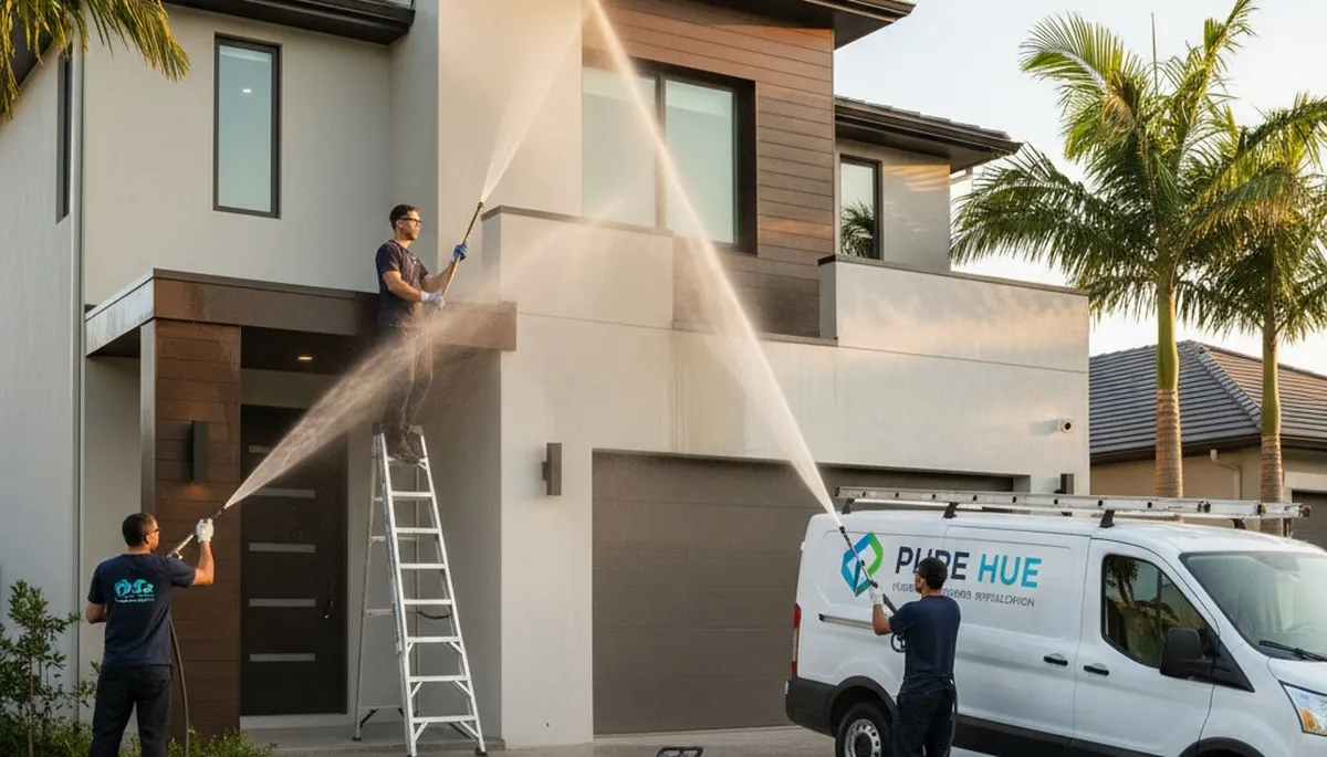 Pressure washing siding and driveway by house painters in Vancouver, WA for surface restoration
