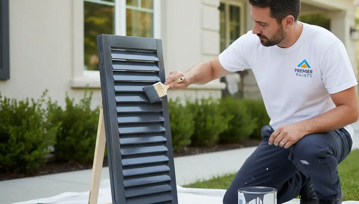 Professional painters refinishing exterior shutters in Vancouver, WA with weather-resistant paint finish